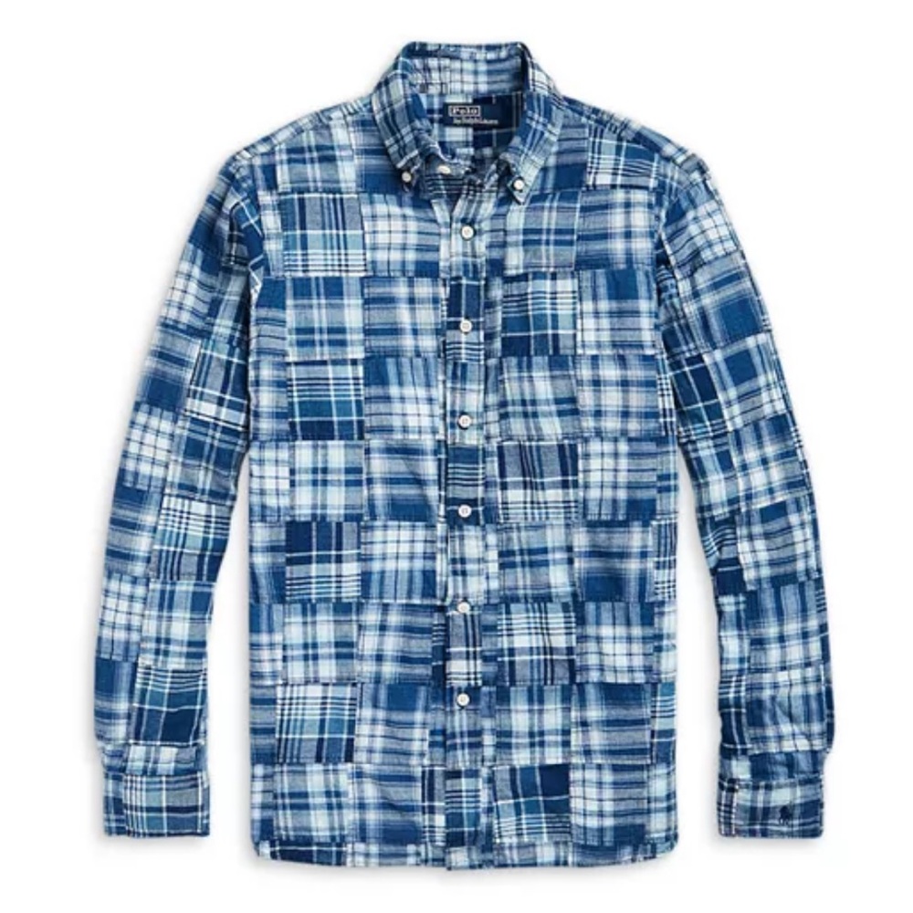 Polo Ralph Lauren blue denim cotton madras indigo patchwork button down shirt
